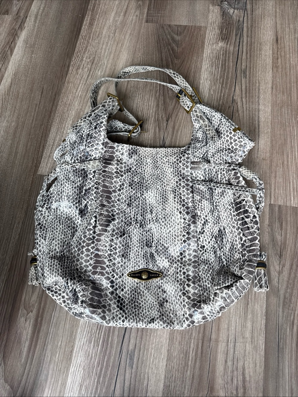 Elliott Lucca Gray and White Python-Print Shoulder Bag